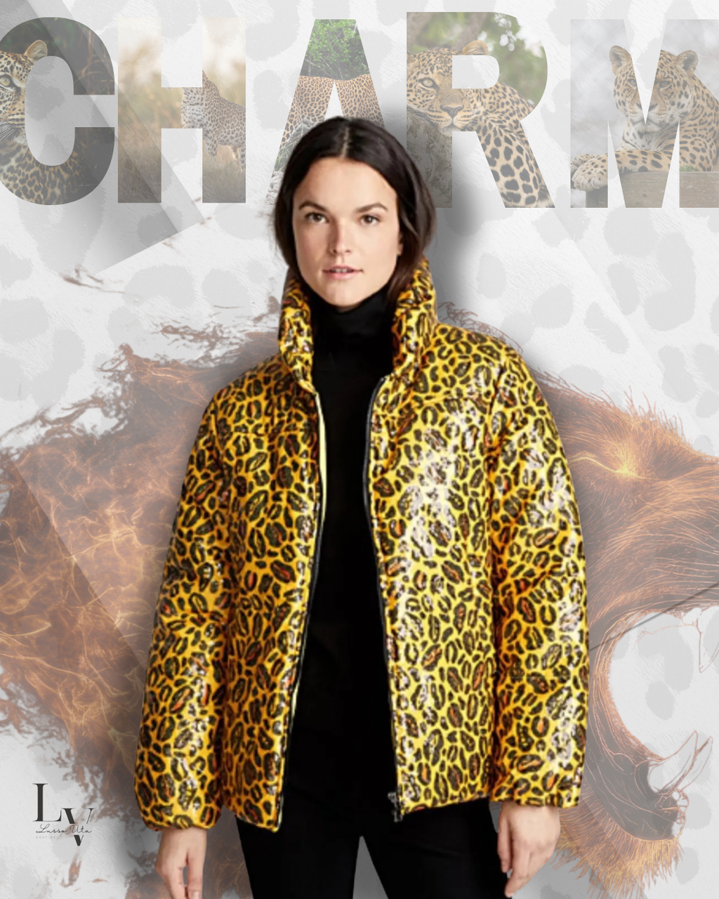 Charm's Leopard Print Sequin Puffer Jacket