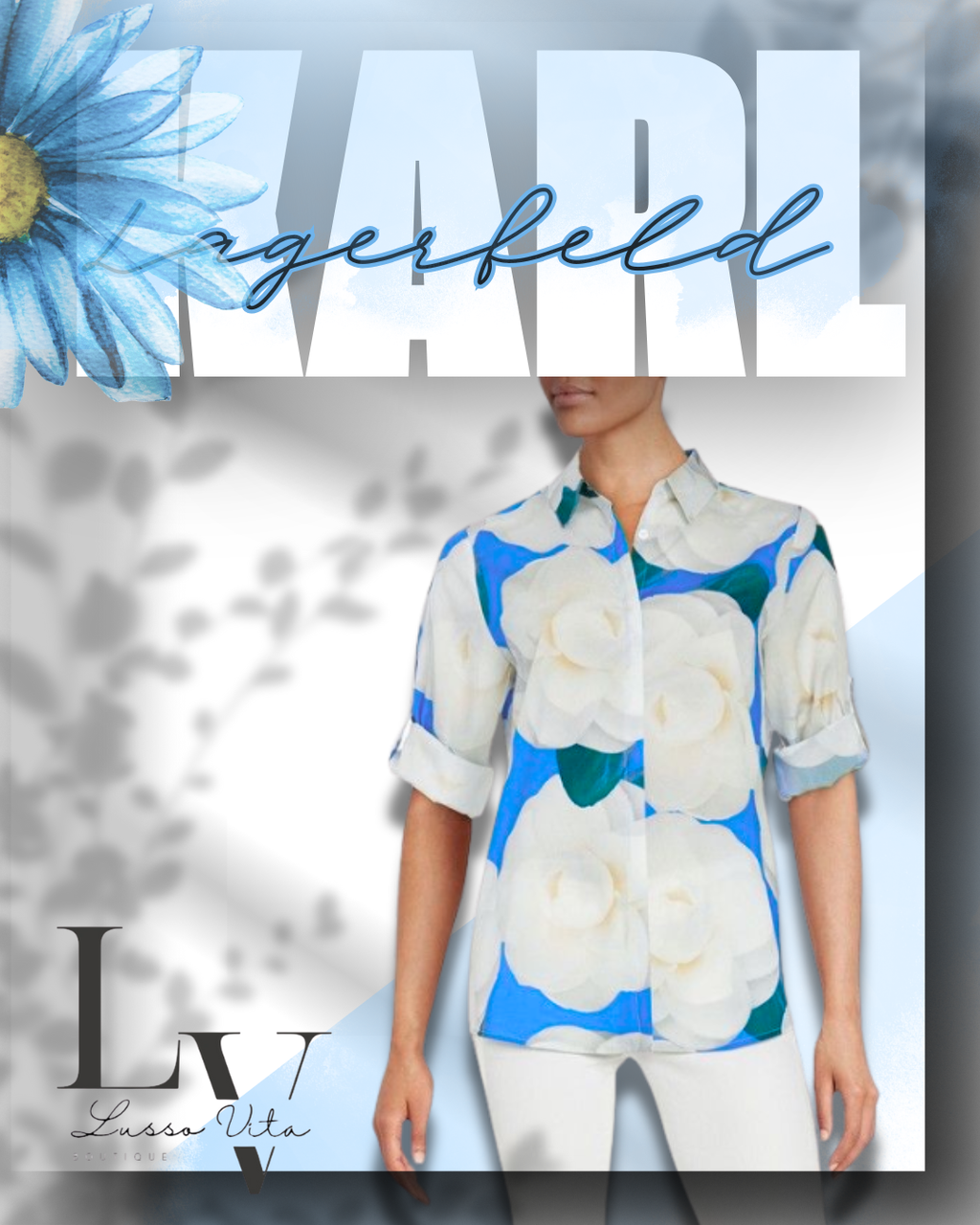 Karl Lagerfeld Blue & White Print Covertible Sleeve Blouse