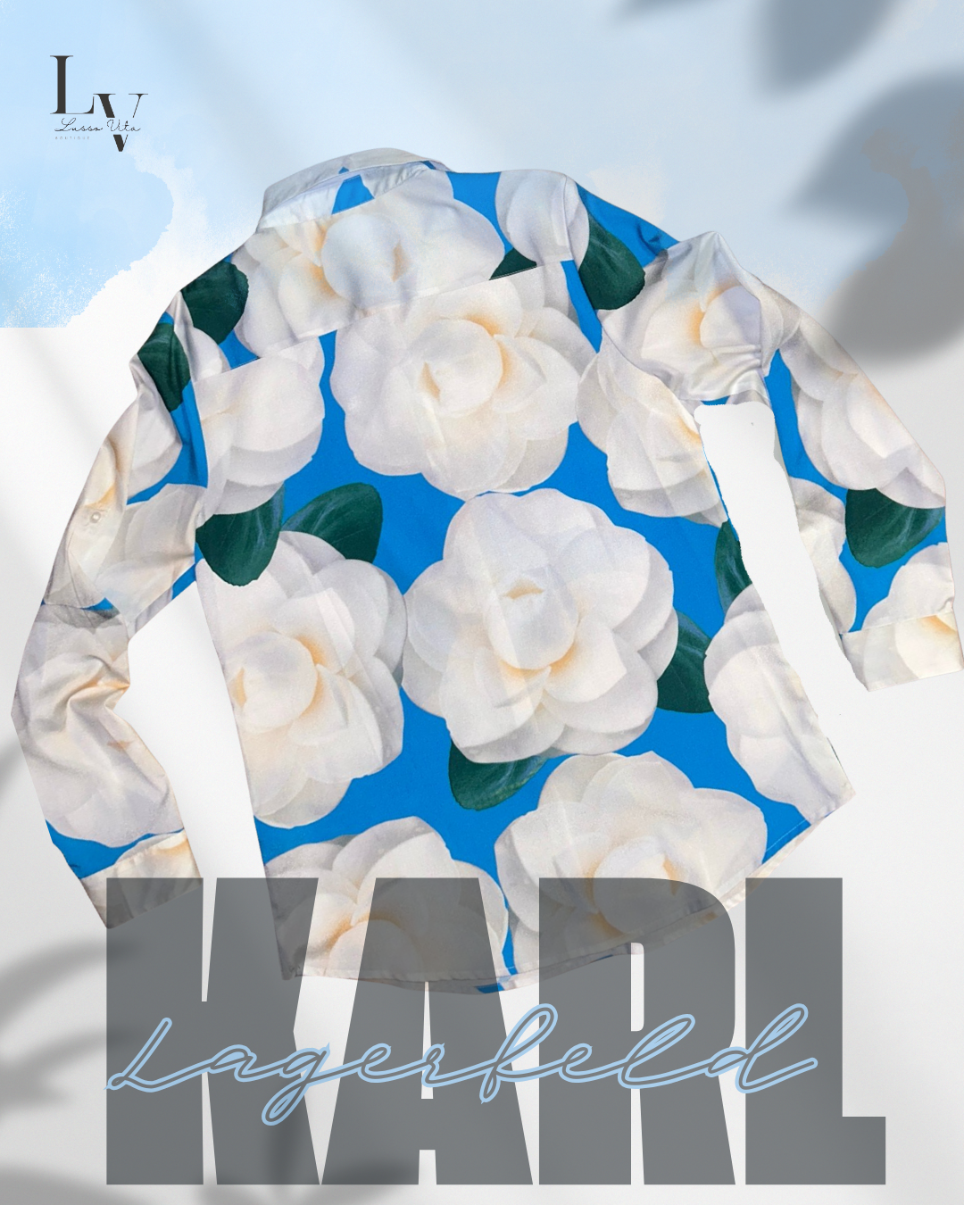 Karl Lagerfeld Blue & White Print Covertible Sleeve Blouse