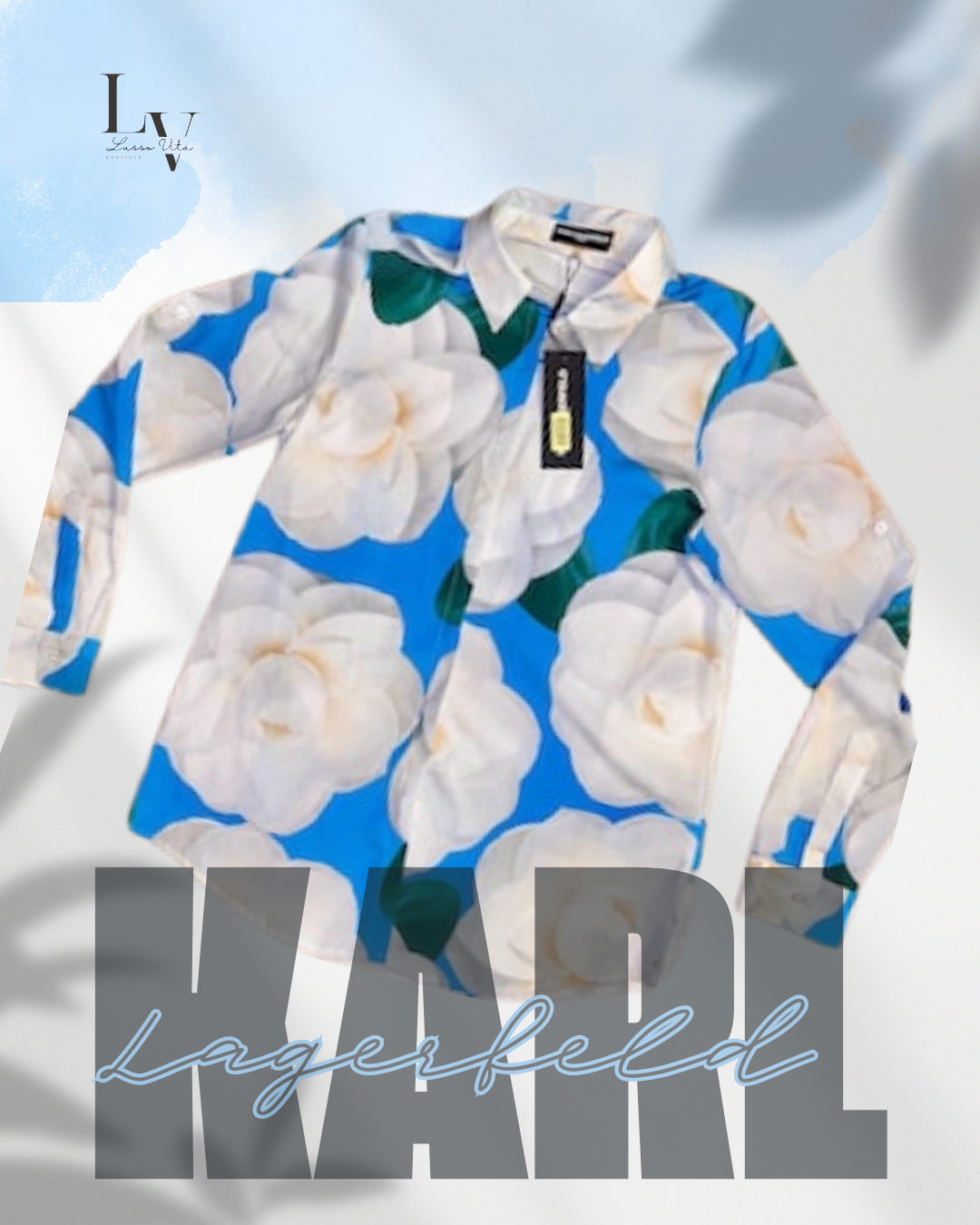 Karl Lagerfeld Blue & White Print Covertible Sleeve Blouse